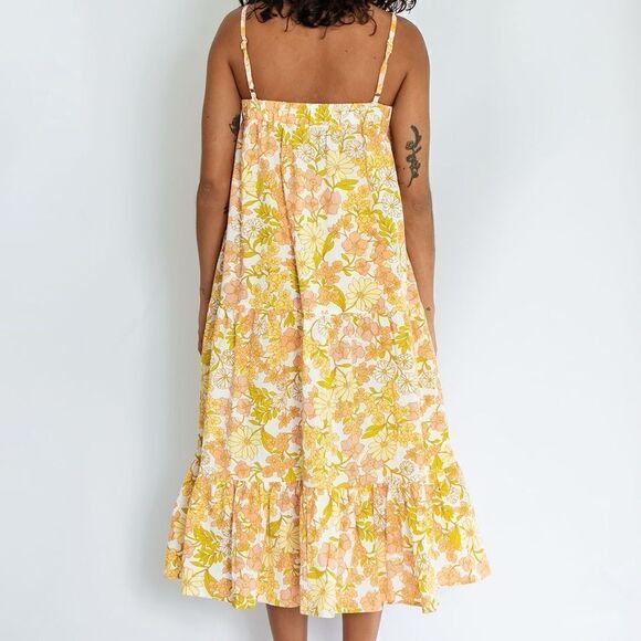 Girl And The Sun Yellow Floral Cami Strap Ruffle Midi Summer Dress - Picture 3 of 9